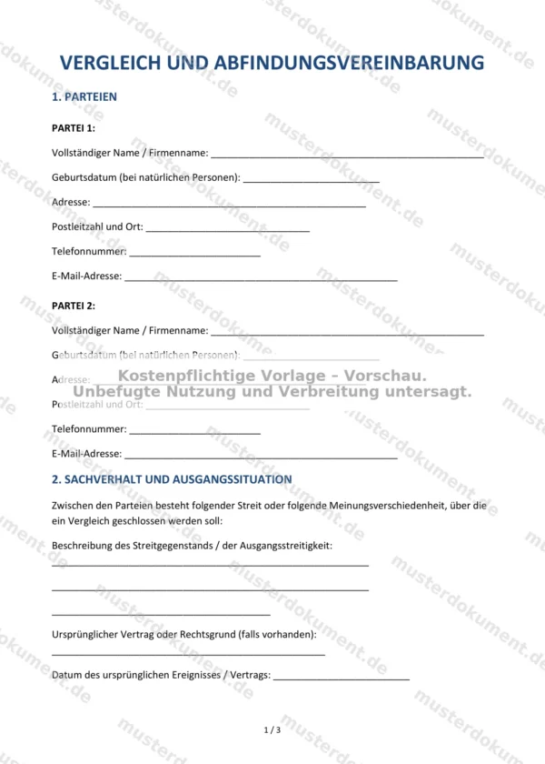 Vergleich und Abfindungsvereinbarung — Vorlage Word & PDF