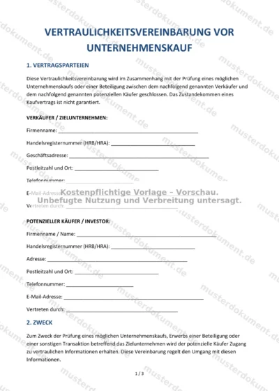 Vertraulichkeitsvereinbarung vor Unternehmenskauf — Vorlage Word & PDF — Vertragsvorlage im DOCX-Format