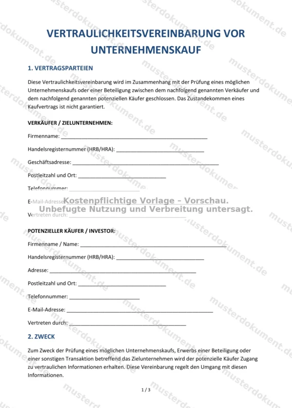 Vertraulichkeitsvereinbarung vor Unternehmenskauf — Vorlage Word & PDF