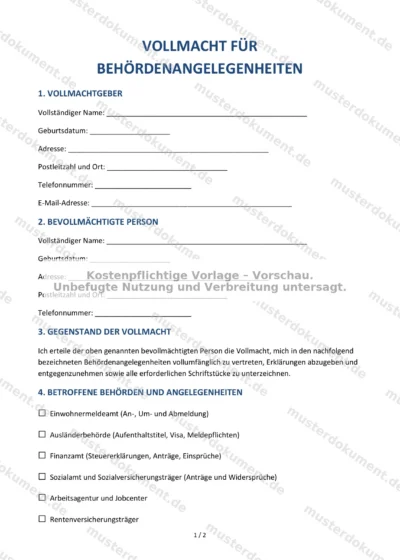 Vollmacht für Behördenangelegenheiten — Vorlage Word & PDF — Vertragsvorlage im DOCX-Format