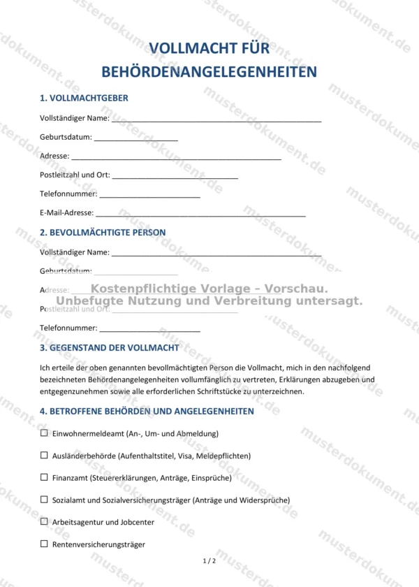 Vollmacht für Behördenangelegenheiten — Vorlage Word & PDF