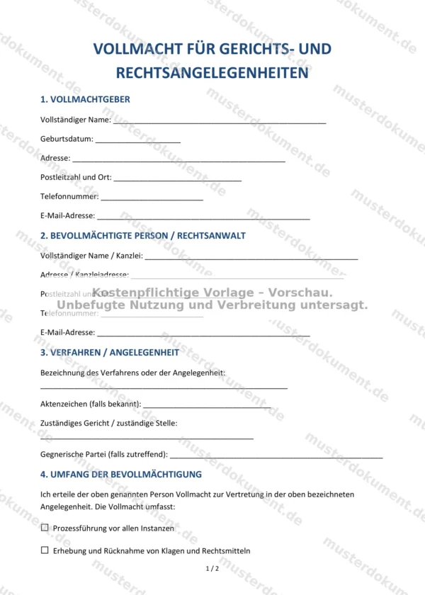 Vollmacht für Gerichts- und Rechtsangelegenheiten — Vorlage Word & PDF