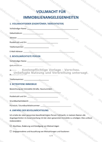 Vollmacht für Immobilienangelegenheiten — Vorlage Word & PDF — Vertragsvorlage im DOCX-Format