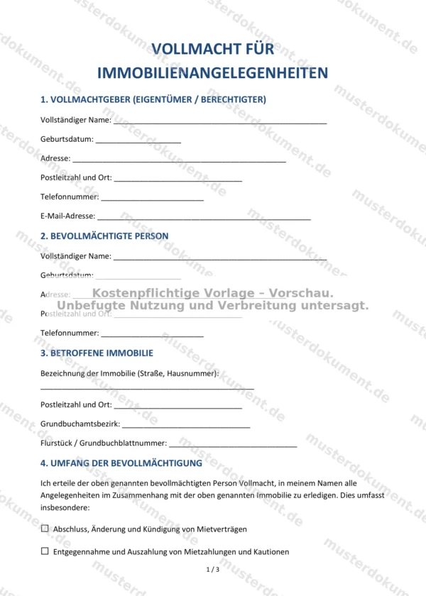 Vollmacht für Immobilienangelegenheiten — Vorlage Word & PDF