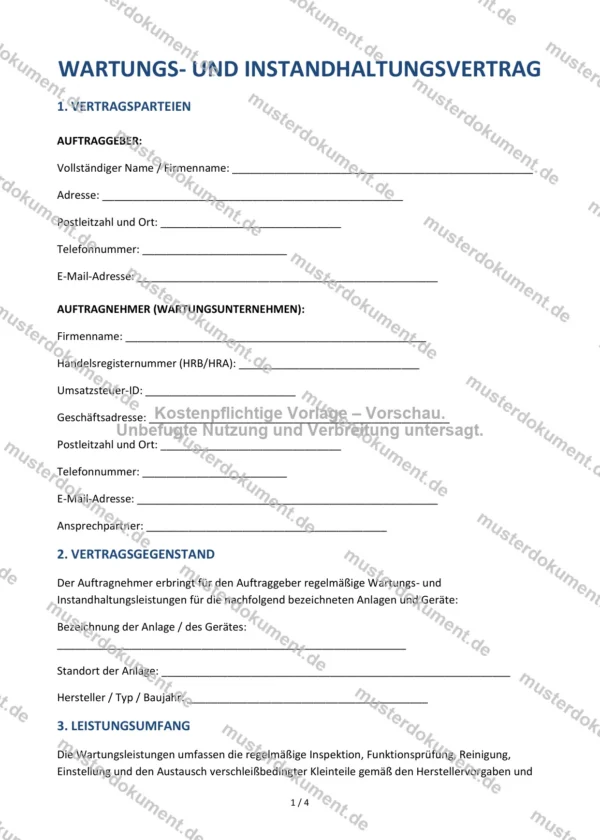 Wartungs- und Instandhaltungsvertrag — Vorlage Word & PDF