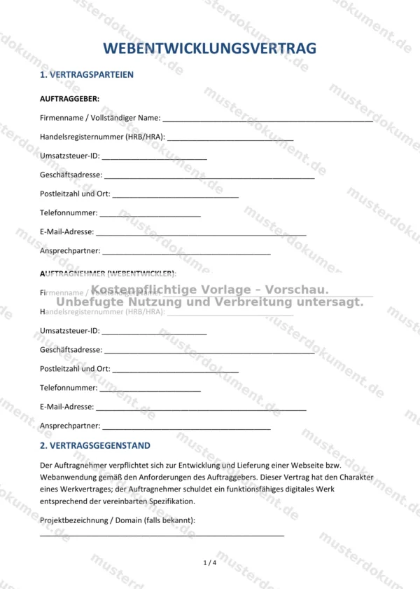 Webentwicklungsvertrag — Vorlage Word & PDF