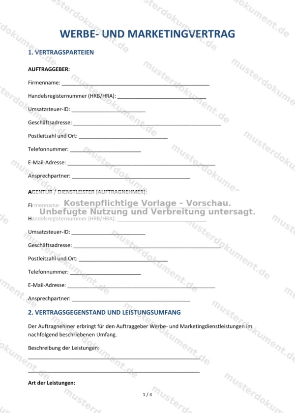Werbe- und Marketingvertrag — Vorlage Word & PDF