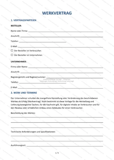 Werkvertrag — Vorlage zum Herunterladen, Seitenvorschau 1 von 5