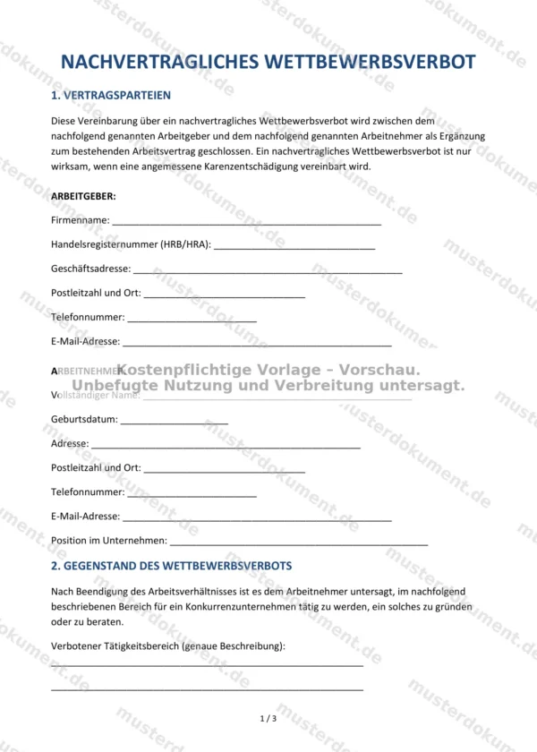 Nachvertragliches Wettbewerbsverbot — Vorlage Word & PDF