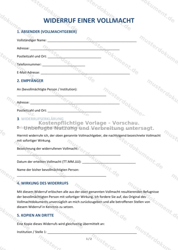 Widerruf einer Vollmacht — Vorlage Word & PDF