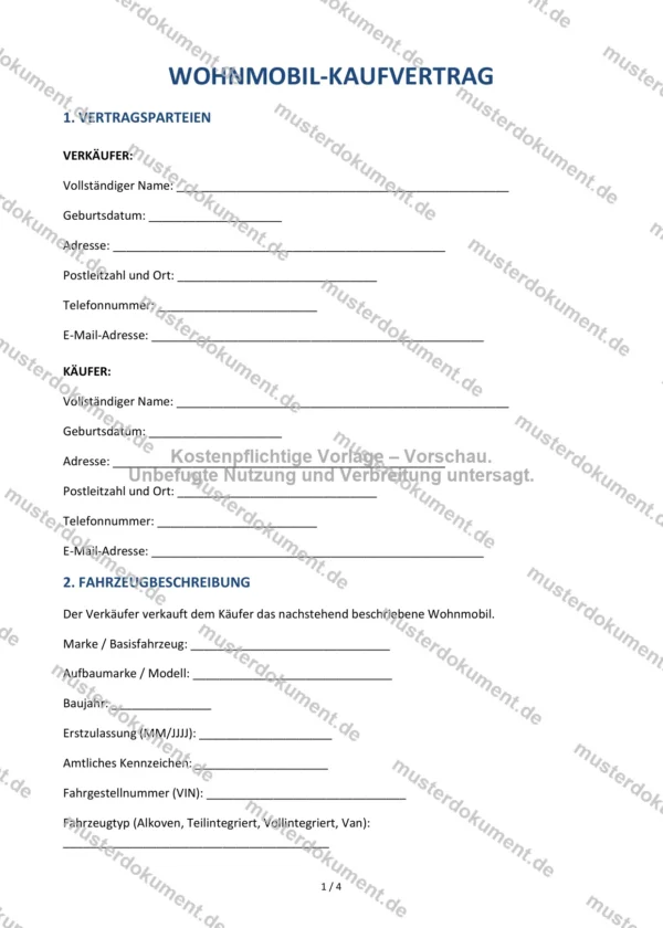 Wohnmobil-Kaufvertrag — Vorlage Word & PDF