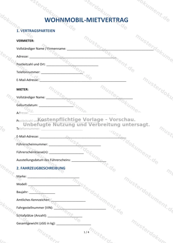 Wohnmobil-Mietvertrag — Vorlage Word & PDF