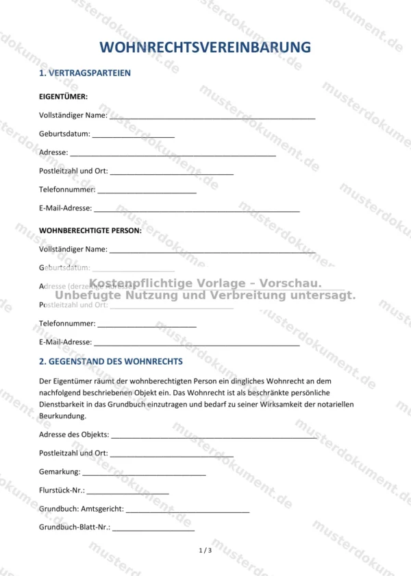 Wohnrechtsvereinbarung — Vorlage Word & PDF