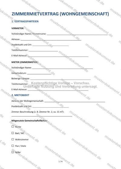 Zimmermietvertrag (Wohngemeinschaft) — Vorlage Word & PDF — Vertragsvorlage im DOCX-Format