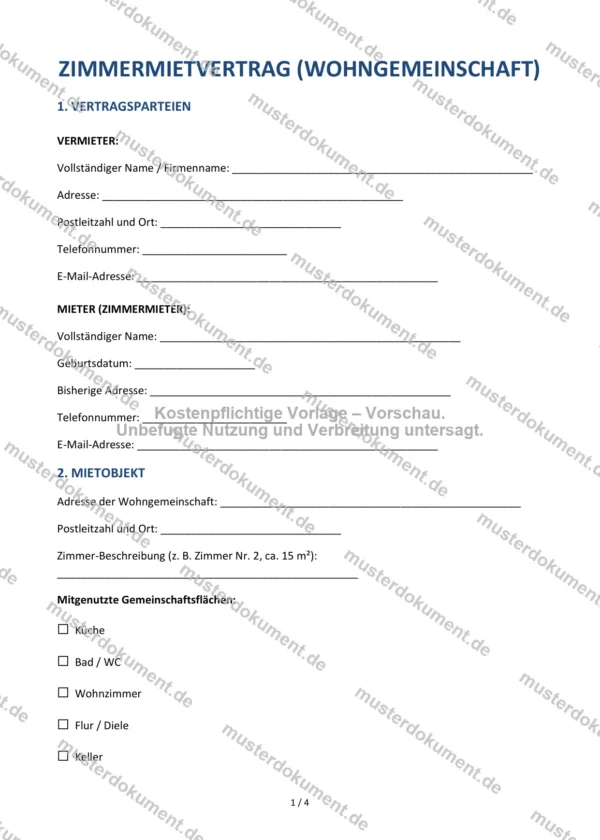 Zimmermietvertrag (Wohngemeinschaft) — Vorlage Word & PDF